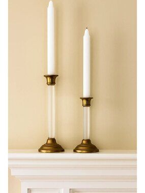 Vintage Lucite & Brass Round Candlesticks Set Taper Candle Holders 9" & 6.5"